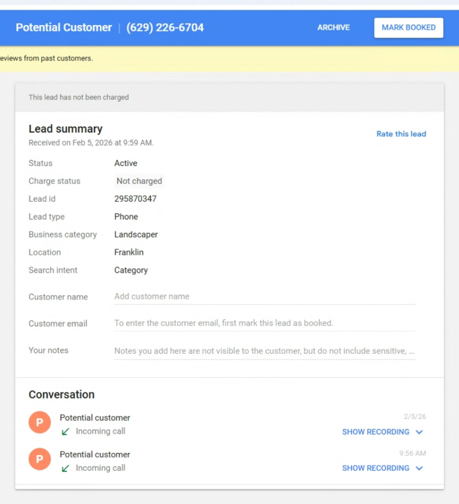 Google LSA Dashboard Before